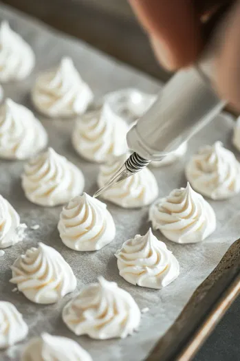 Top-down view of meringue mixture being piped into small rosettes on parchment-lined baking sheets using a star-tip piping bag