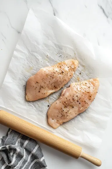 This image shows chicken breasts placed between two sheets of parchment paper while a heavy rolling pin or meat mallet is used to pound them to an even thickness.]