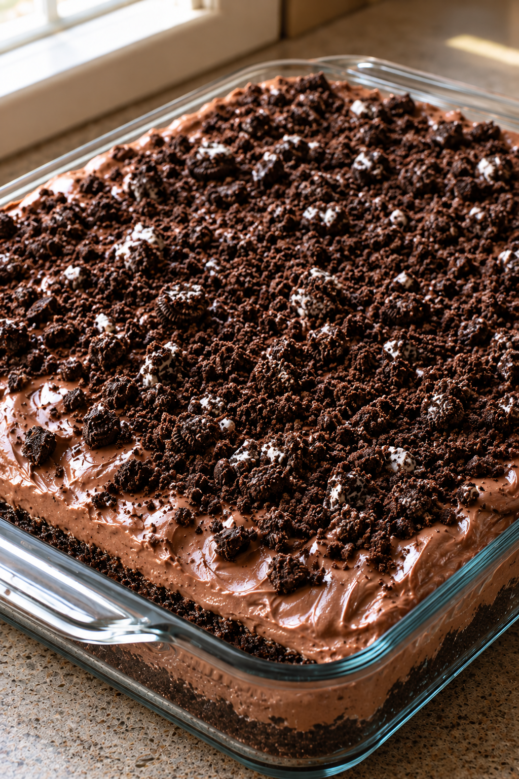 Pour the pudding filling on top, then sprinkle the remaining Oreos over the filling