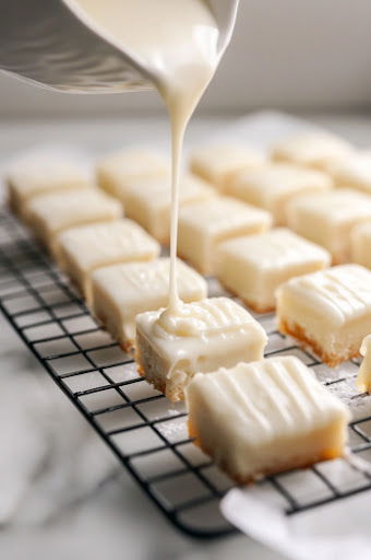 This image shows each iced petit four ona cooling rack