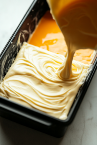 Top-down view of the final white fudge layer being poured over the orange layer in the loaf pan. The creamy white mixture is evenly spread, ready to be placed in the fridge to set for at least 2 hours.