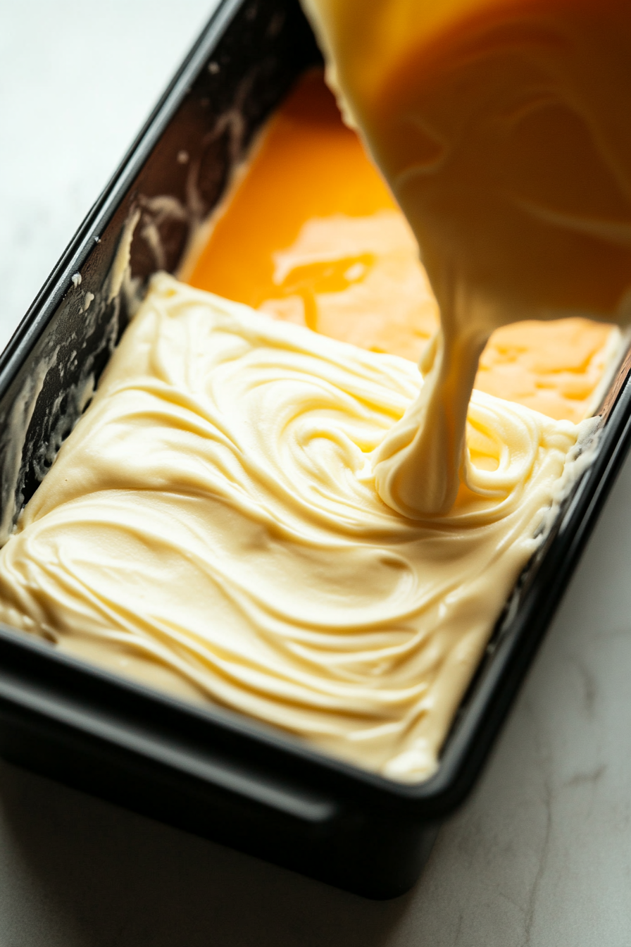 Top-down view of the final white fudge layer being poured over the orange layer in the loaf pan. The creamy white mixture is evenly spread, ready to be placed in the fridge to set for at least 2 hours.