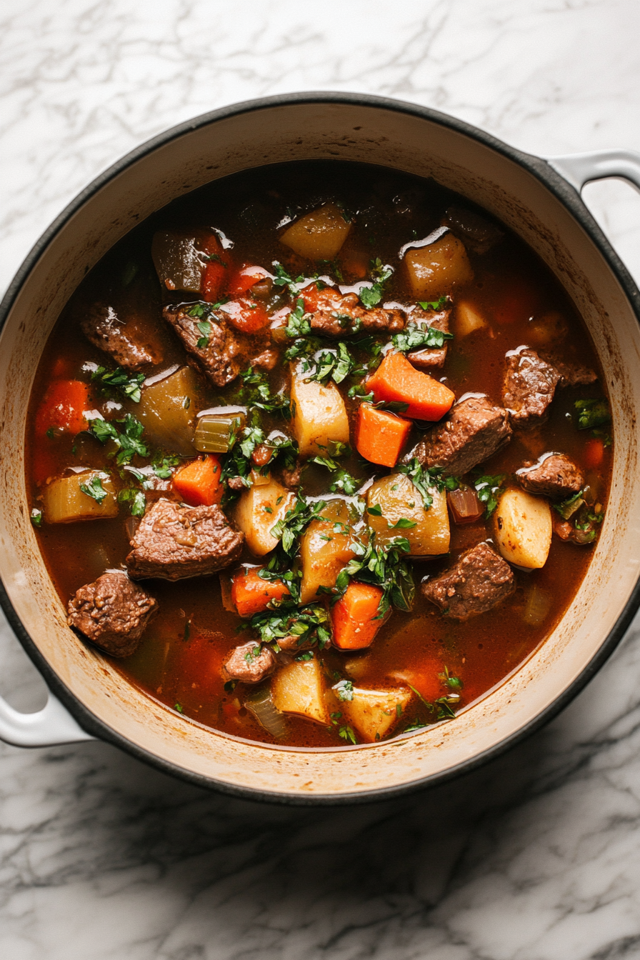 Top-down view of the Dutch oven as low-sodium vegetable stock is poured in and begins to simmer. The stew is cooking with the lid on for 40 minutes, with rich broth bubbling gently.