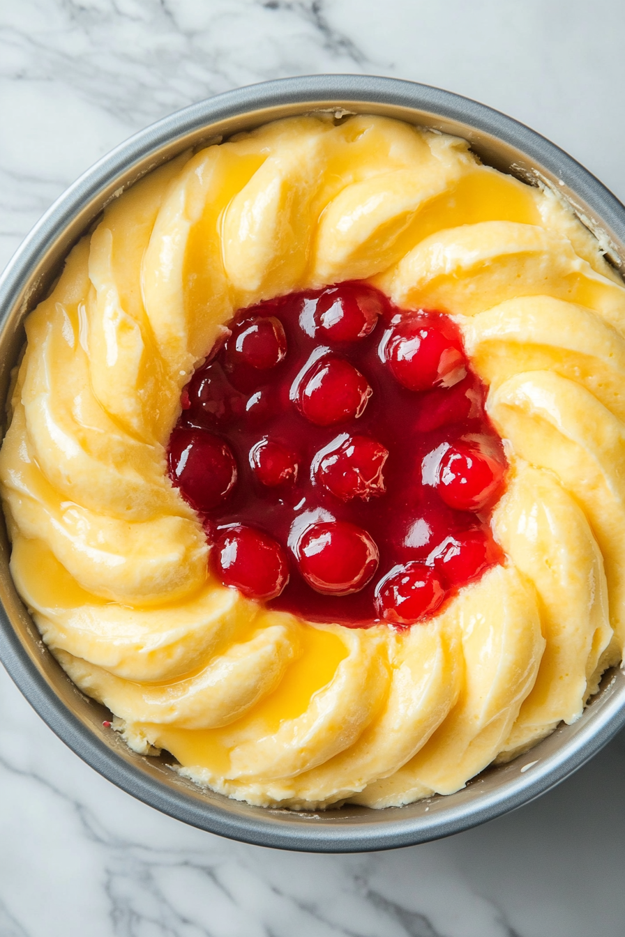 Pouring the Batter into the Pan Are You Kidding Me Cake Recipe Alt Text: A top-down view of a bundt pan with smooth and vibrant batter being poured evenly into it. The background features a white marble cooktop as the batter is distributed throughout the pan.