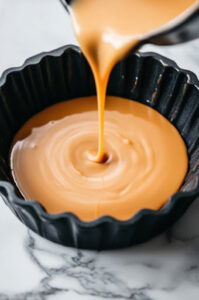 This image shows the prepared cake mix being carefully poured over the flan mixture in a baking pan, creating two layers.