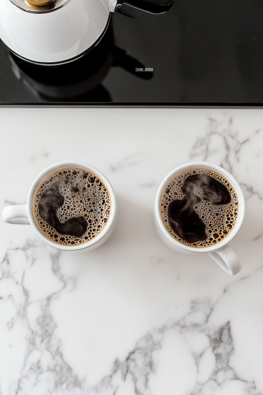 Top-down view of two mugs on a clean kitchen countertop with a white marble cooktop background. Hot, freshly brewed strong coffee is being poured into each mug, with steam rising from the coffee as it fills the mugs, ready for liqueur additions.