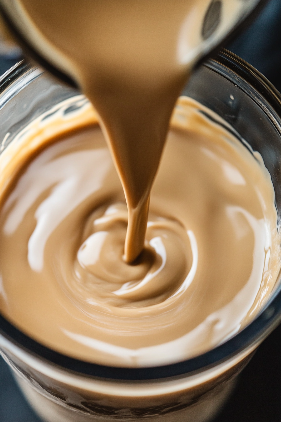 Top-down view of homemade Irish cream being poured from the blender into an airtight container or glass bottle. The rich, creamy mixture flows smoothly, ready for storage.