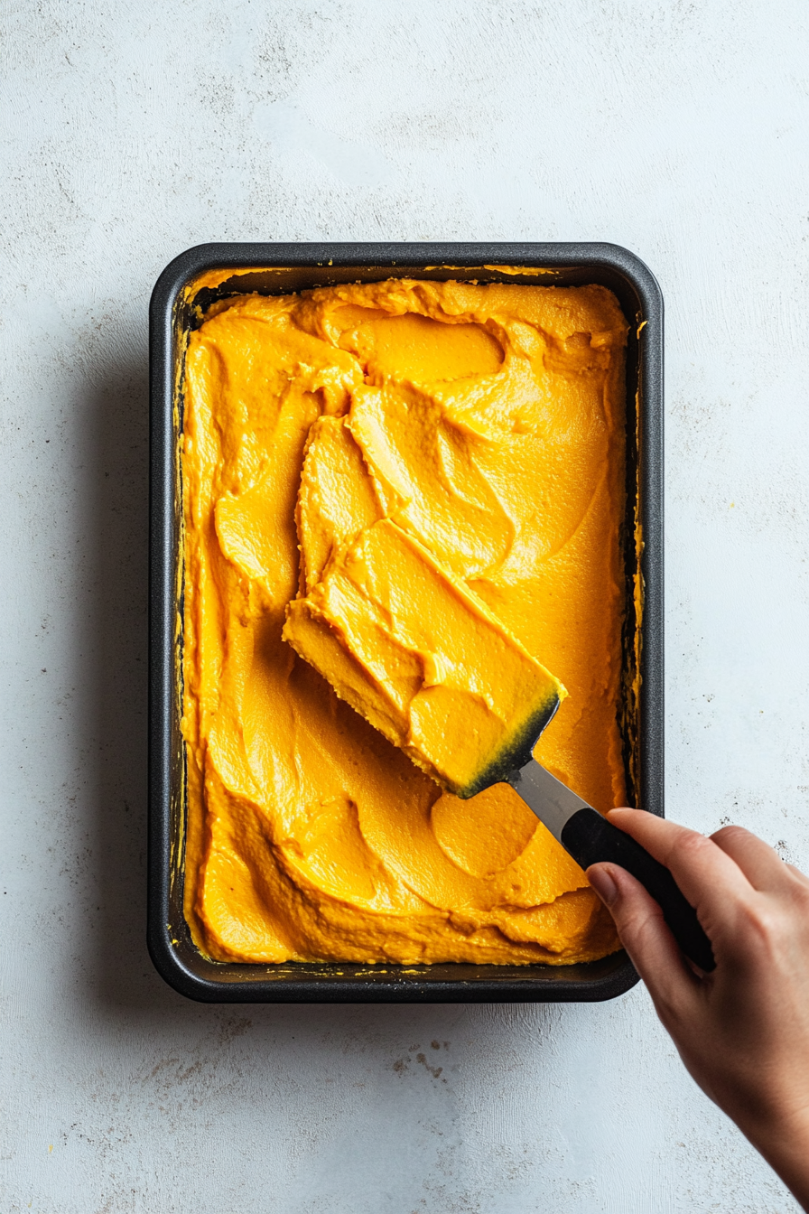 Top-down view of the loaf pan as the orange fudge layer is being spread over the chilled yellow layer. The smooth, vibrant orange layer is being carefully smoothed out with a spatula before returning to the fridge.