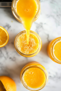 A top-down view of mason jars on a clean kitchen countertop with a white marble cooktop background. The orange vanilla mixture is being carefully poured into the jars, filling them evenly.