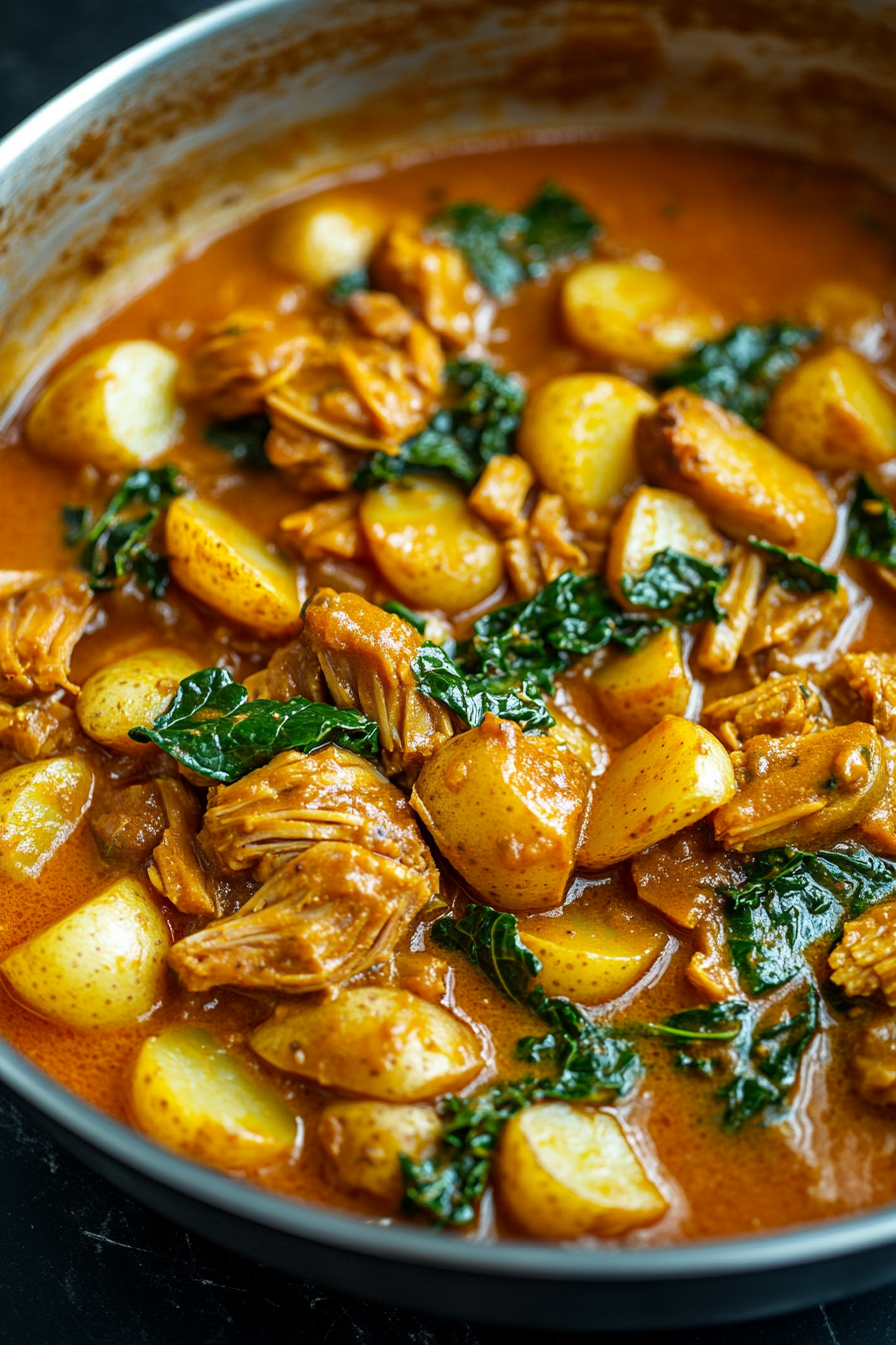 Top-down view of large pieces of jackfruit, halved baby potatoes, and fresh kale being added to the simmering coconut curry. The ingredients are colorful and ready to cook into the curry base.