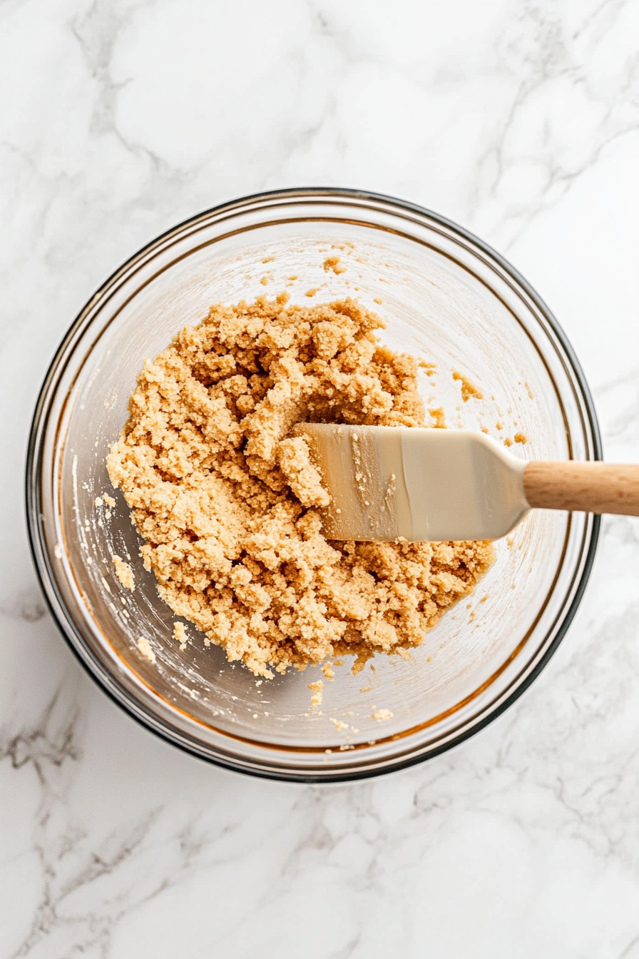 Top-down view of a mixing bowl on a white marble countertop, with crushed digestive biscuits being mixed with melted butter using a spatula. The scene focuses on the incorporation of butter into the crumbs, ready to be pressed into a tin.