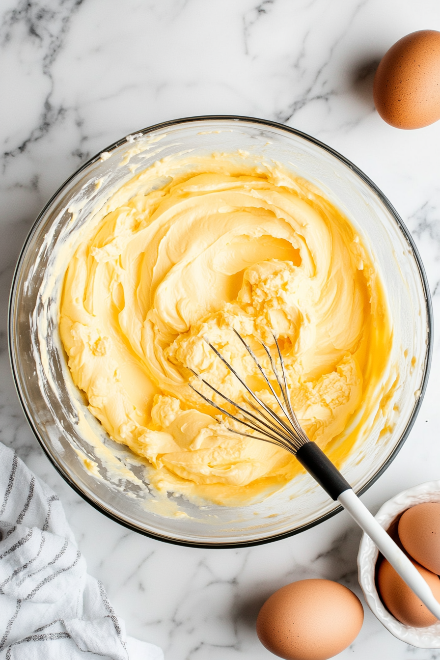 Top-down view of a mixing bowl on a white marble cooktop. Inside the bowl, yellow cake mix, 2 large eggs, and ½ cup of melted butter are being mixed with an electric hand mixer. The thick cake batter is being spread evenly with a rubber spatula into a greased 9x13 inch baking pan.