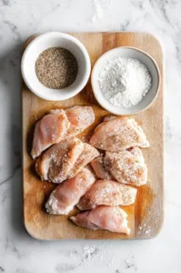 Top-down view of a cutting board with chicken breasts being sliced into thinner pieces and pounded with a meat tenderizer. The chicken is seasoned with salt, pepper, garlic powder, and Italian seasoning, while flour and Parmesan cheese are mixed in a separate bowl for dredging.