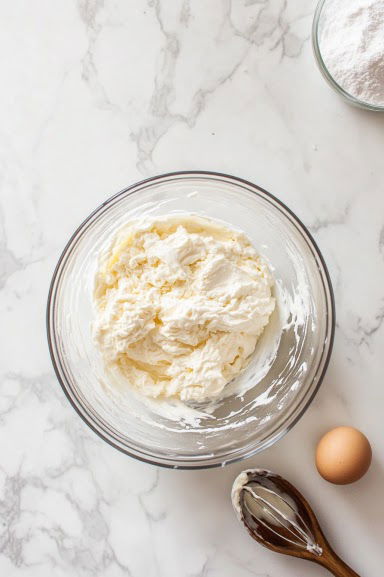 Top-down view of a mixing bowl on a white marble cooktop. Inside the bowl, softened cream cheese, powdered sugar, vanilla extract, egg yolk, and a pinch of salt are being whisked together until smooth and fluffy, showcasing the creamy texture of the filling.