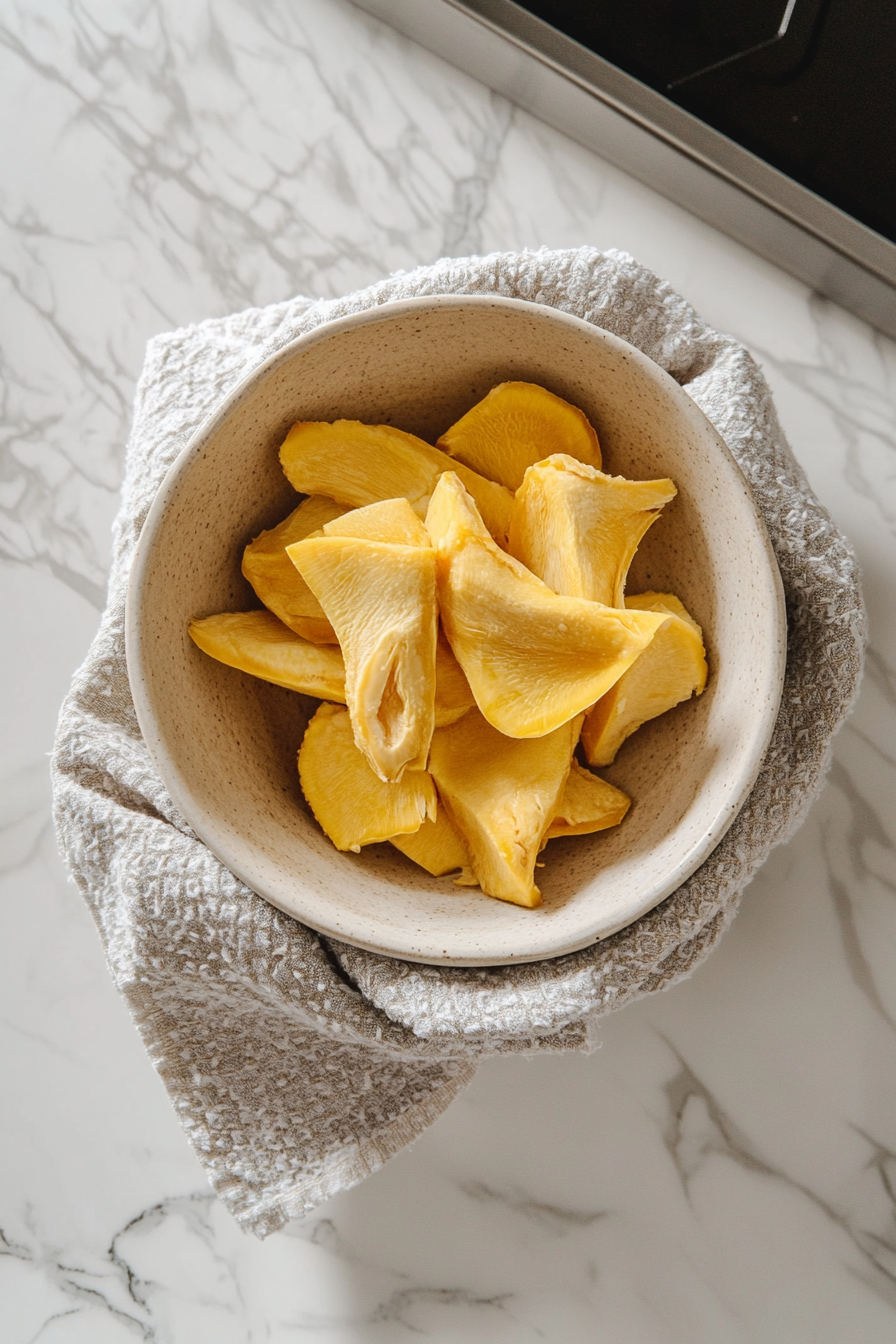 Top-down view of drained and thinly sliced jackfruit on a clean kitchen countertop, being wrung out in a kitchen towel to remove excess moisture, with a white marble cooktop background.