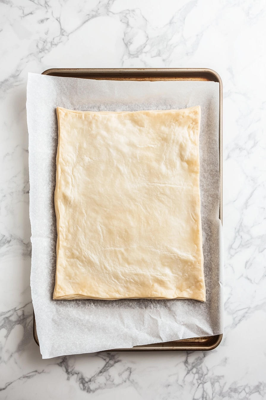 Top-down view of a sheet of puff pastry placed on a parchment-lined baking sheet on a clean kitchen countertop with a white marble cooktop background. The puff pastry is thawed and carefully unfolded, ready for filling.