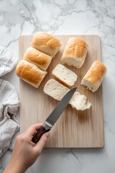 A top-down view of Kings Hawaiian sweet rolls laid out on a cutting board, being sliced horizontally with a serrated knife, showcasing their fluffy texture.