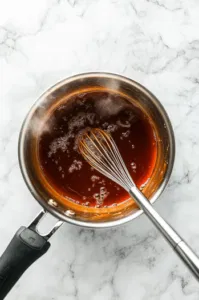 Top-down view of a saucepan on the stovetop. Ingredients like sugar, dark corn syrup, butter, water, and cornstarch are being stirred with a whisk as steam rises from the saucepan.