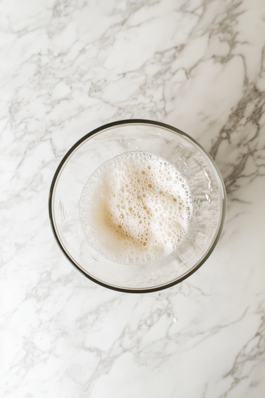 Top-down view of a mixing bowl with 2 cups of warm water and ⅔ cup of white sugar being stirred. 1 ½ tablespoons of active dry yeast are sprinkled over the water, and the mixture is frothy and bubbly, indicating proofing.