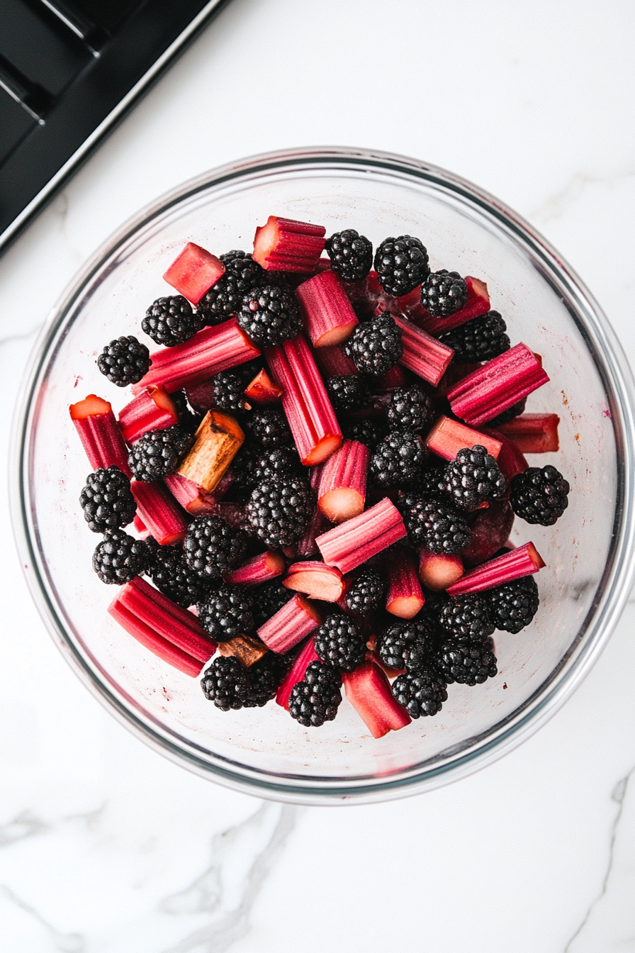 Top-down view of a large mixing bowl on a clean kitchen countertop with a white marble cooktop background. Fresh blackberries and sliced rhubarb are tossed with dark brown sugar, ground cinnamon, ground ginger, and a pinch of salt, highlighting the vibrant colors of the fruit coated in the spiced sugar mixture.