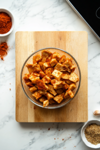 A top-down view of a cutting board on a clean kitchen countertop with a white marble cooktop background. The cutting board shows green jackfruit pieces in a small bowl being tossed with cayenne, chili powder, smoked paprika, garlic powder, and black pepper. The jackfruit is evenly coated in spices, ready for baking or air frying.