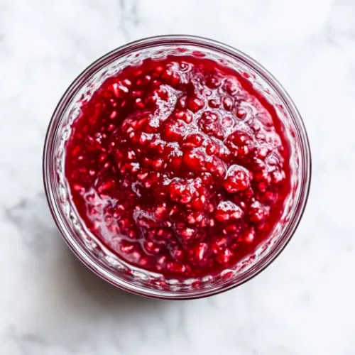 Top-down view of the thickened raspberry sauce being transferred into a heat-safe container. The sauce is glossy and smooth, showing off the rich color of the raspberries before cooling down to room temperature.