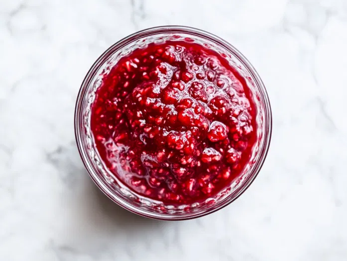 Top-down view of the thickened raspberry sauce being transferred into a heat-safe container. The sauce is glossy and smooth, showing off the rich color of the raspberries before cooling down to room temperature.