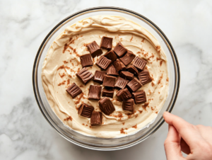 Top-down view of a mixing bowl on a white marble cooktop. Thawed Cool Whip is being folded into the peanut butter mixture with a spatula. Quartered Reese’s Minis are also folded in, creating a light and fluffy dip texture.