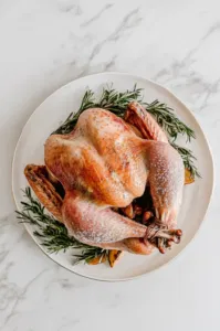 This image shows the roasted turkey resting under foil for 30 minutes before being carved and served.