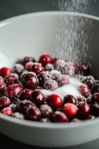 Top-down view of dried cranberries being rolled in granulated sugar, coating them with a sparkling, sugary layer. The deep red cranberries contrast beautifully with the white sugar for a festive, finished look.