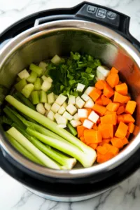 This image shows onion, carrot, celery, and garlic being sautéed in an Instant Pot with olive oil, softening for about 3-5 minutes.