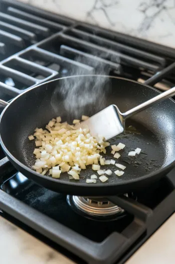 This image shows chopped onions sizzling in a non-stick skillet with vegetable oil, cooking until softened and browned.