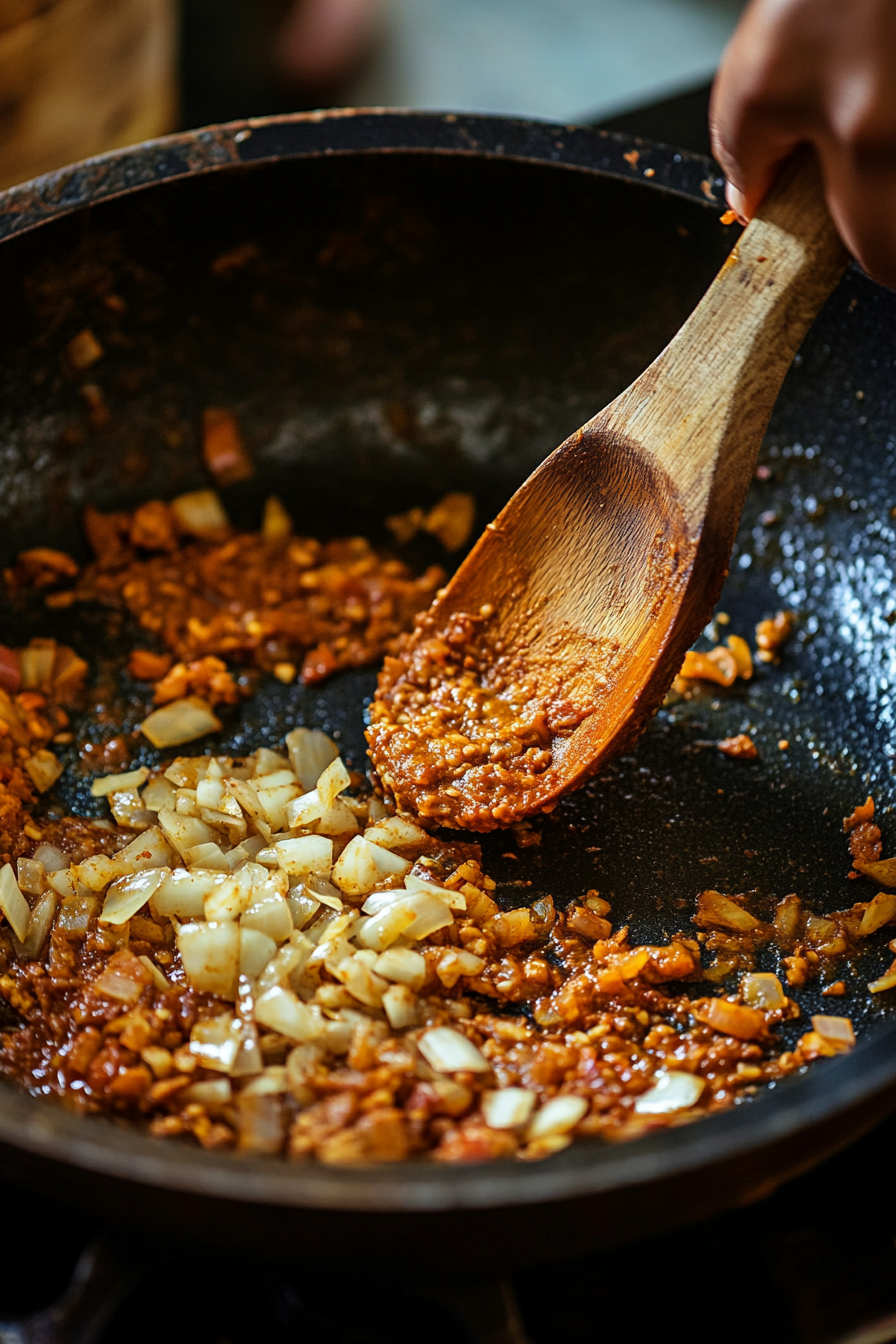 Top-down view of a large pan on a clean kitchen countertop with a white marble cooktop background. Coconut oil is heating, and chopped onions are sautéing for 10 minutes, softening to a golden color.