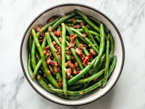 this image shows cooked green beans in borwn sugar in a bowl