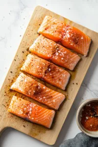 Top-down view of salmon fillets on a cutting board being seasoned with a mixture of salt, pepper, chili powder, ancho chili powder, garlic powder, and onion powder. A small bowl containing the spice mixture is beside the salmon.