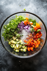 A top-down view of the mixing bowl with combined ingredients. A pinch of salt and pepper is being sprinkled over the mixture to taste. The scene highlights the seasoning process, enhancing the flavors of the salad.