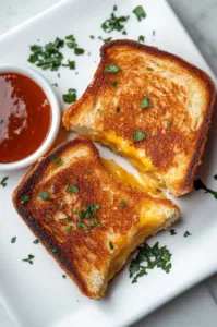 This image shows the mini baked grilled cheese sandwiches fresh out of the oven, cut into quarters and served warm, perfect for dipping.