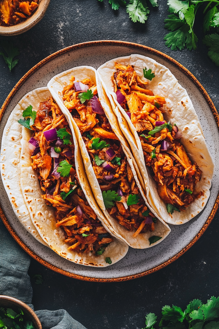 Top-down view of warmed corn tortillas being filled with the rich, caramelized jackfruit mixture, ready for tacos, burritos, or enchiladas on a plate.