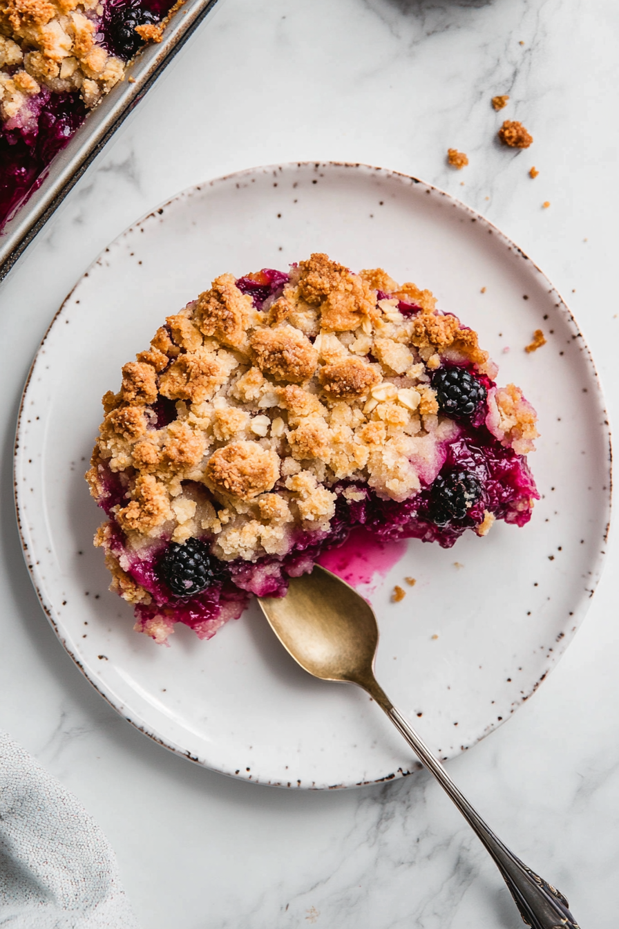 Top-down view of a slice of blackberry rhubarb crumble on a clean white plate on the white marble cooktop. The slice shows the golden, crunchy crumble topping and juicy fruit filling. A spoon is placed next to the serving, highlighting the contrast between the crispy topping and the soft, flavorful fruit.