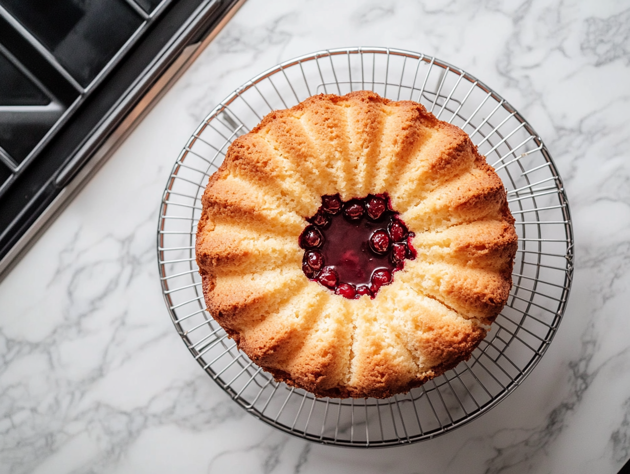 A top-down view of a bundt pan on a cooling rack on a clean kitchen countertop with a white marble cooktop background. The cake, removed from the oven, is cooling in the pan, and a slice is shown, highlighting the bright lemon flavor and sweet cherry filling.