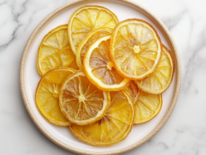 A top-down view of dried candied lemon slices on a serving plate, placed on the white marble cooktop. The lemon slices are translucent with a glossy finish, ready to be enjoyed or used as a garnish.