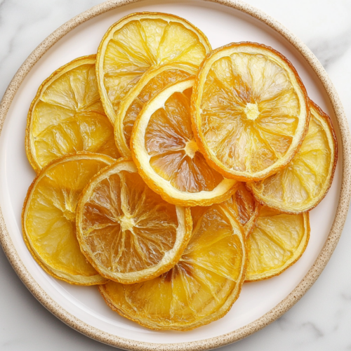 A top-down view of dried candied lemon slices on a serving plate, placed on the white marble cooktop. The lemon slices are translucent with a glossy finish, ready to be enjoyed or used as a garnish.