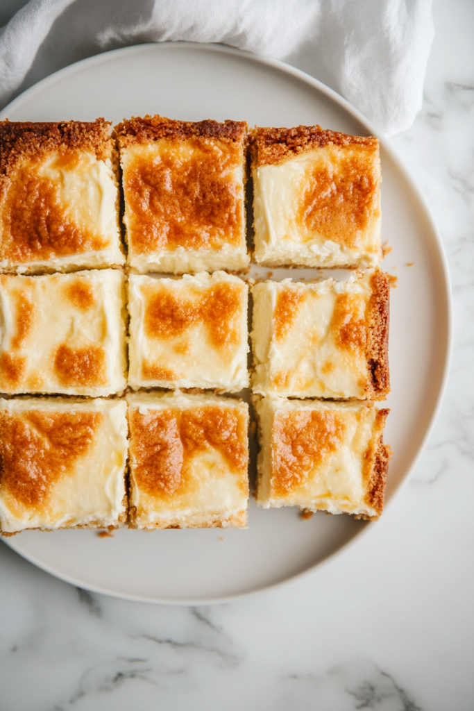 Top-down view of the cooled cream cheese bars sliced into squares and arranged on a white serving plate on a white marble cooktop. The bars are soft, creamy, with a perfectly golden top. The scene highlights the rich, decadent layers of the dessert, ready to be enjoyed.