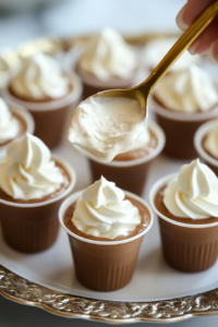 A top-down view of the frozen dessert shots served chilled on a plate. The shot cups are cold and firm, with the creamy pudding mixture set inside. The scene is simple, highlighting the fun presentation of the dessert shots, ready to be served as a chilled, indulgent treat.