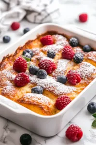 This image shows slices of the baked French toast being served with maple syrup and garnished with berries, ready to enjoy.