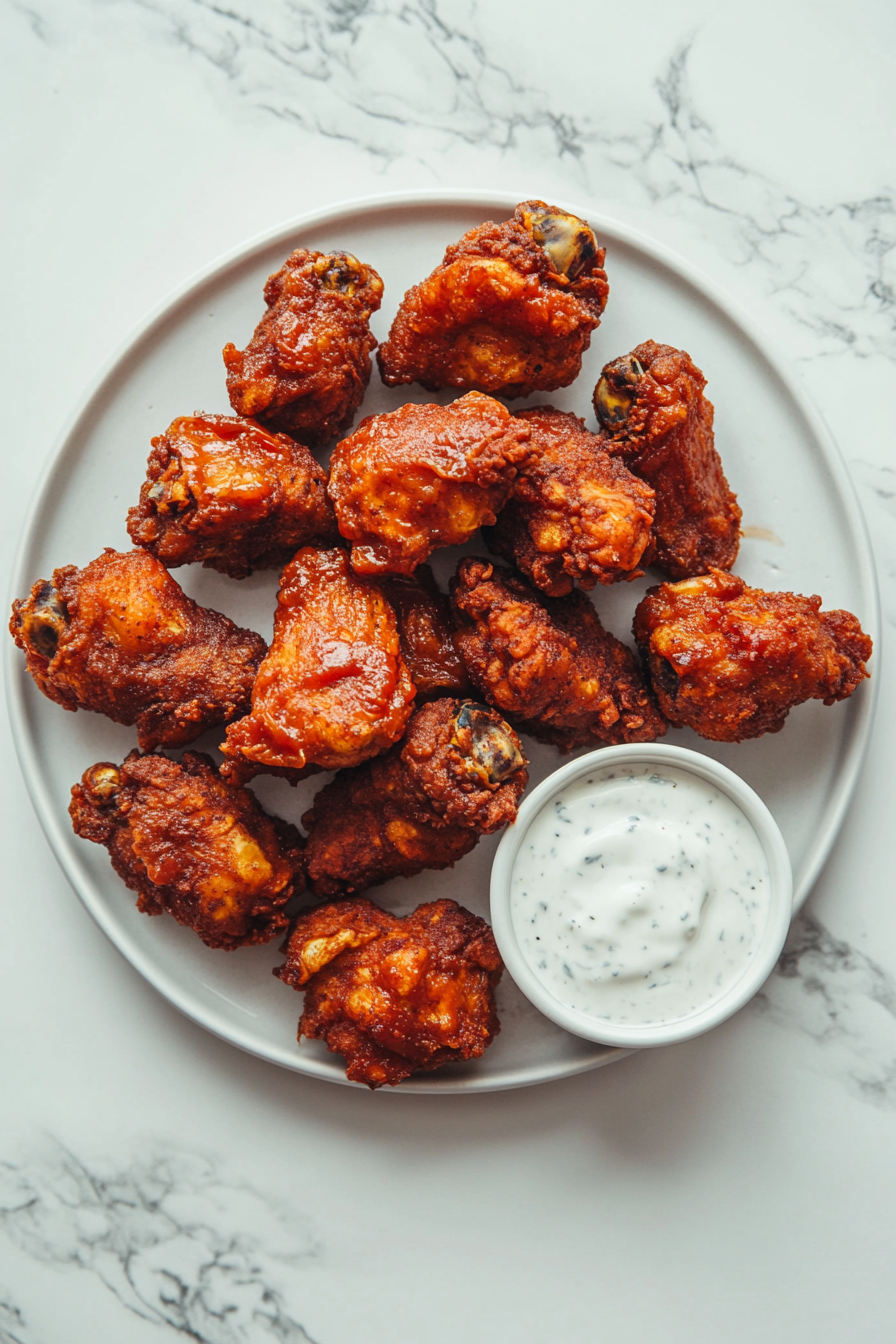 A top-down view of crispy fried jackfruit wings served on a white plate on a white marble cooktop. The golden brown jackfruit pieces are optionally drizzled with barbecue or buffalo sauce, with a small bowl of dipping sauce like ranch or blue cheese beside the plate. The scene showcases the ready-to-enjoy dish.