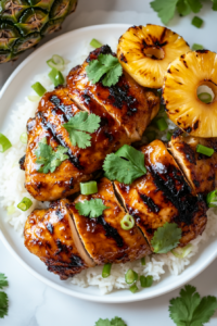 A top-down view of grilled pineapple chicken on a plate, garnished with fresh cilantro and green onions. The chicken is golden and glazed with the simmered marinade, accompanied by charred pineapple rings, ready to be served over rice, salad, or on its own.