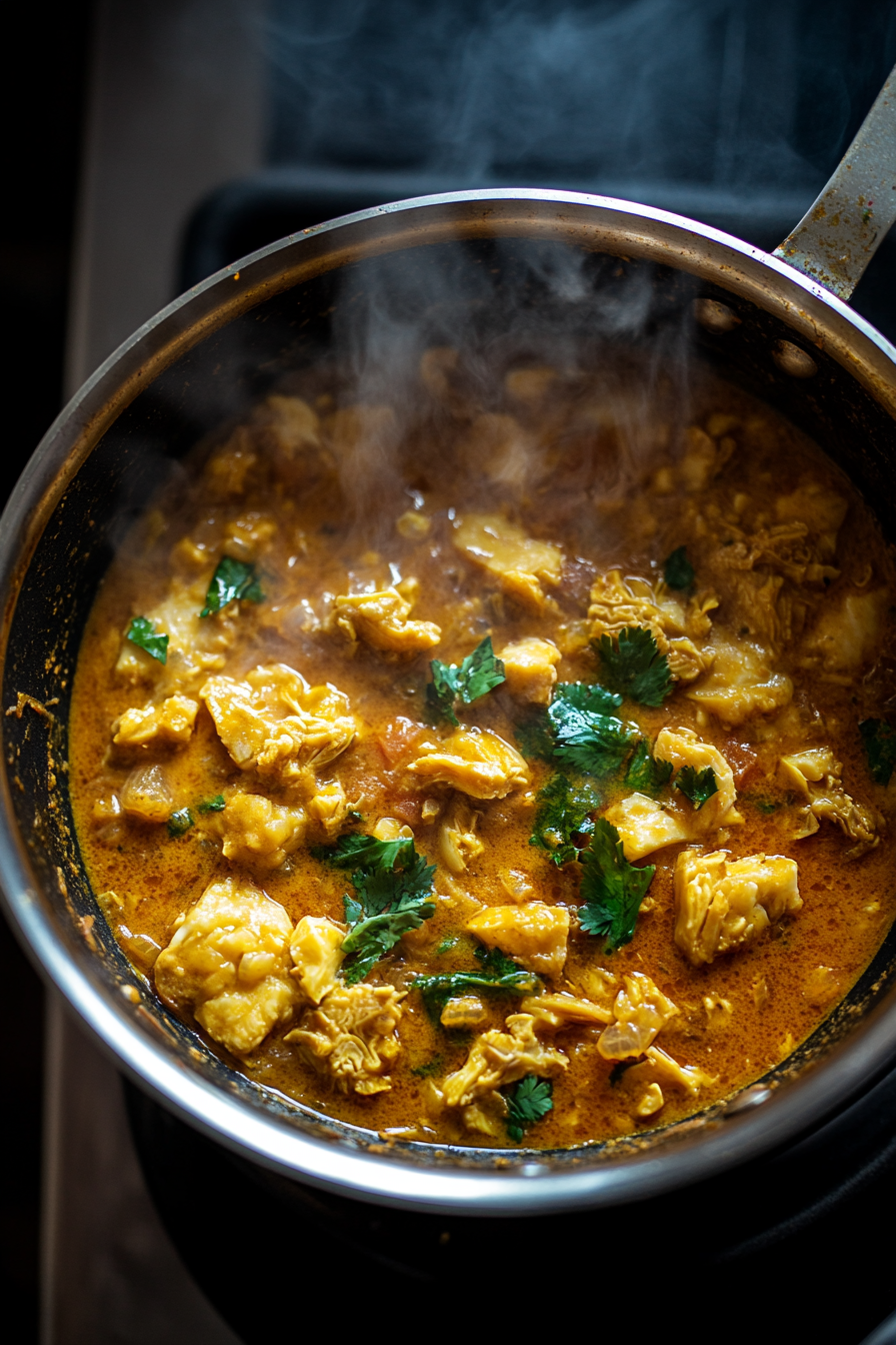 Top-down view of the finished jackfruit curry, garnished with chopped cilantro, served in a bowl on a white marble cooktop background. The dish is vibrant, showcasing tender jackfruit, potatoes, and kale in a rich coconut curry sauce.