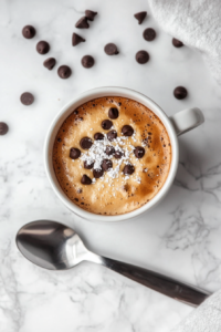 Top-down view of the warm mug cake in the coffee mug, topped with chocolate chips and ready to eat. A spoon is placed beside the mug, inviting the first bite straight from the mug.