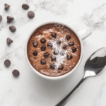 Top-down view of the warm mug cake in the coffee mug, topped with chocolate chips and ready to eat. A spoon is placed beside the mug, inviting the first bite straight from the mug.